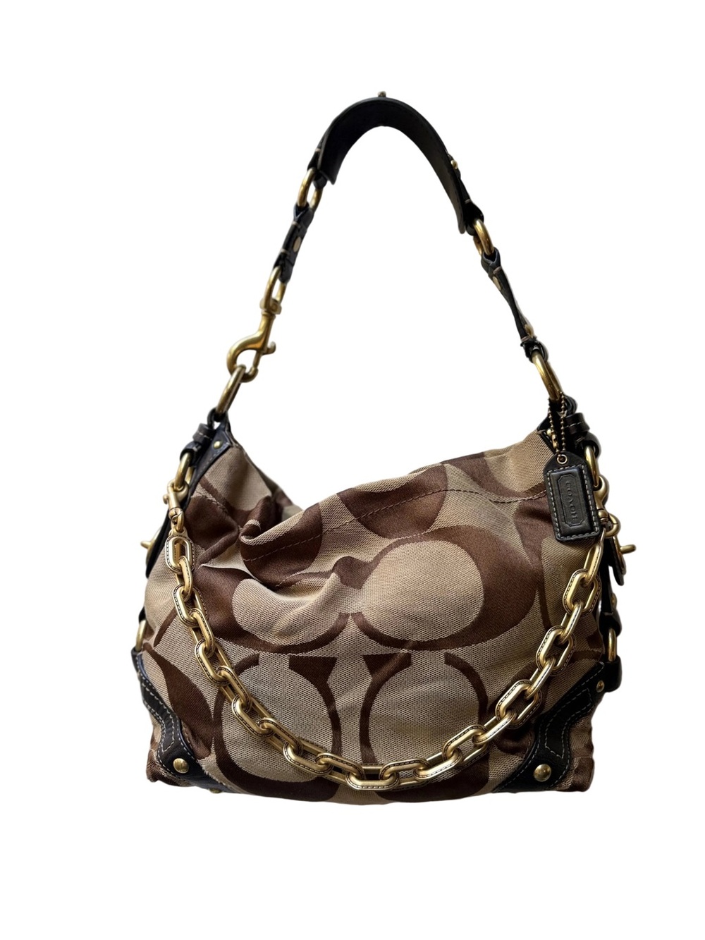 Coach Y2K Vintage Signature Carly Canvas Brown Tan Hobo Shoulder HandBag #10619